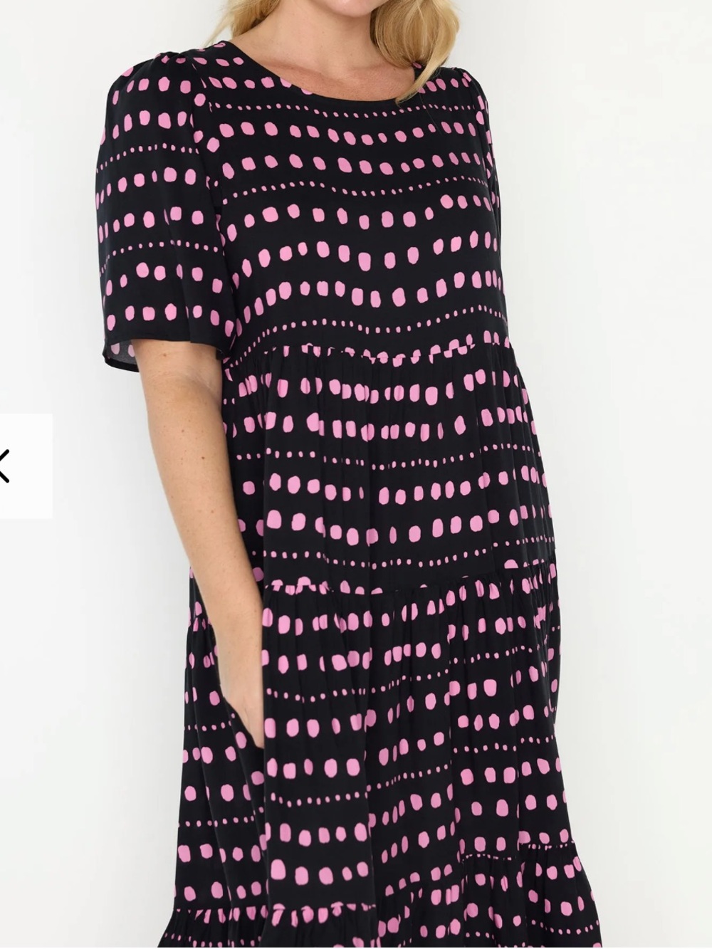 Black Midi Dress with Pink Polka Dot Pattern